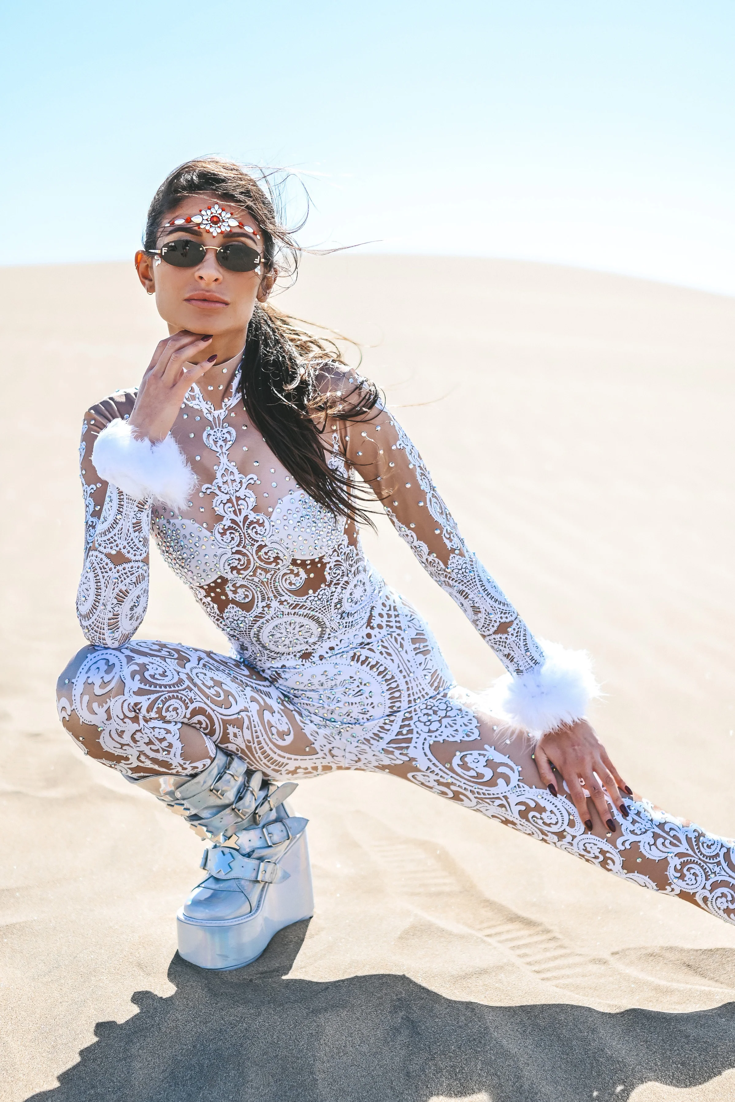 Emila rhinestone jumpsuit feather cuffs - Image 3