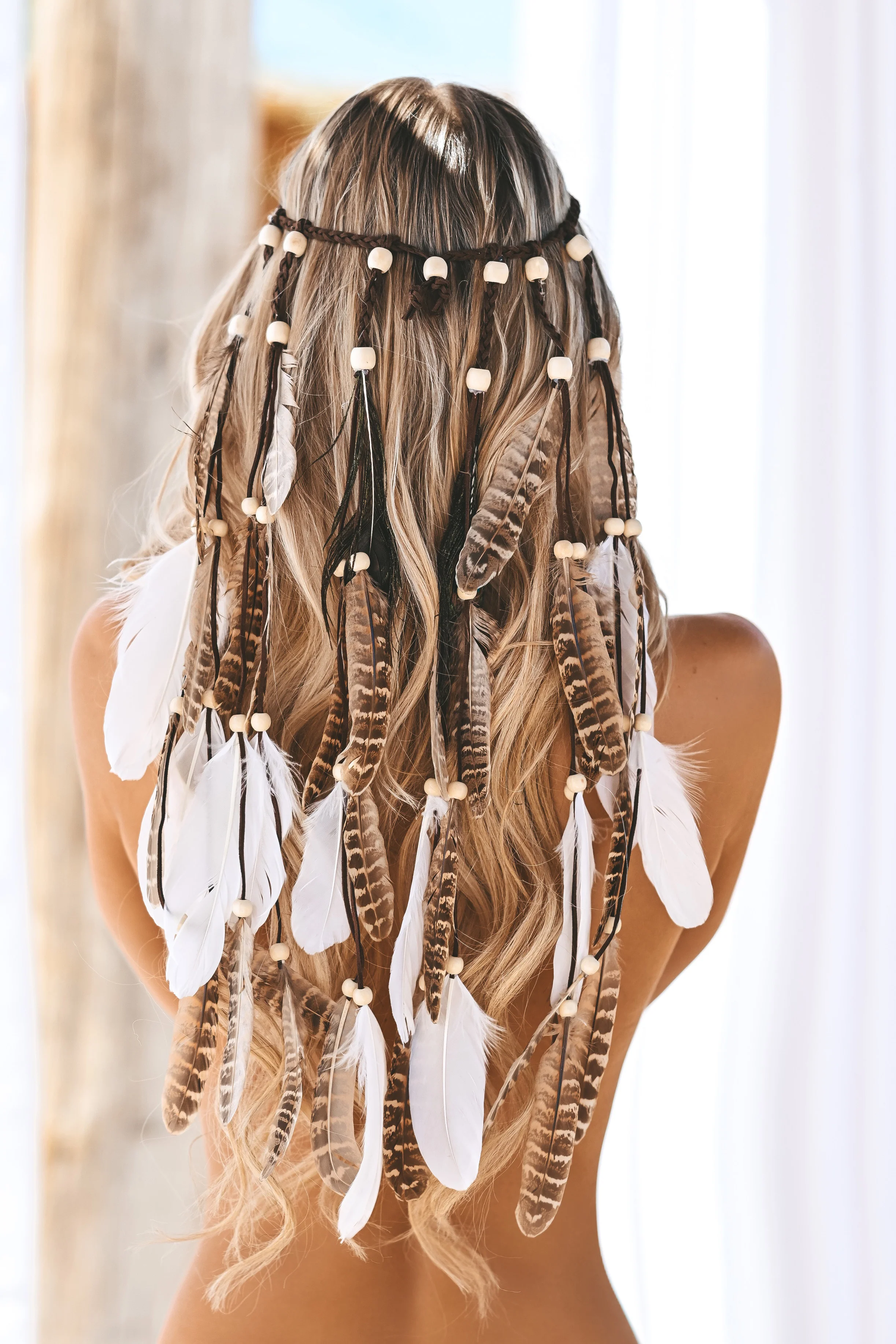 Feather headband boho style brown