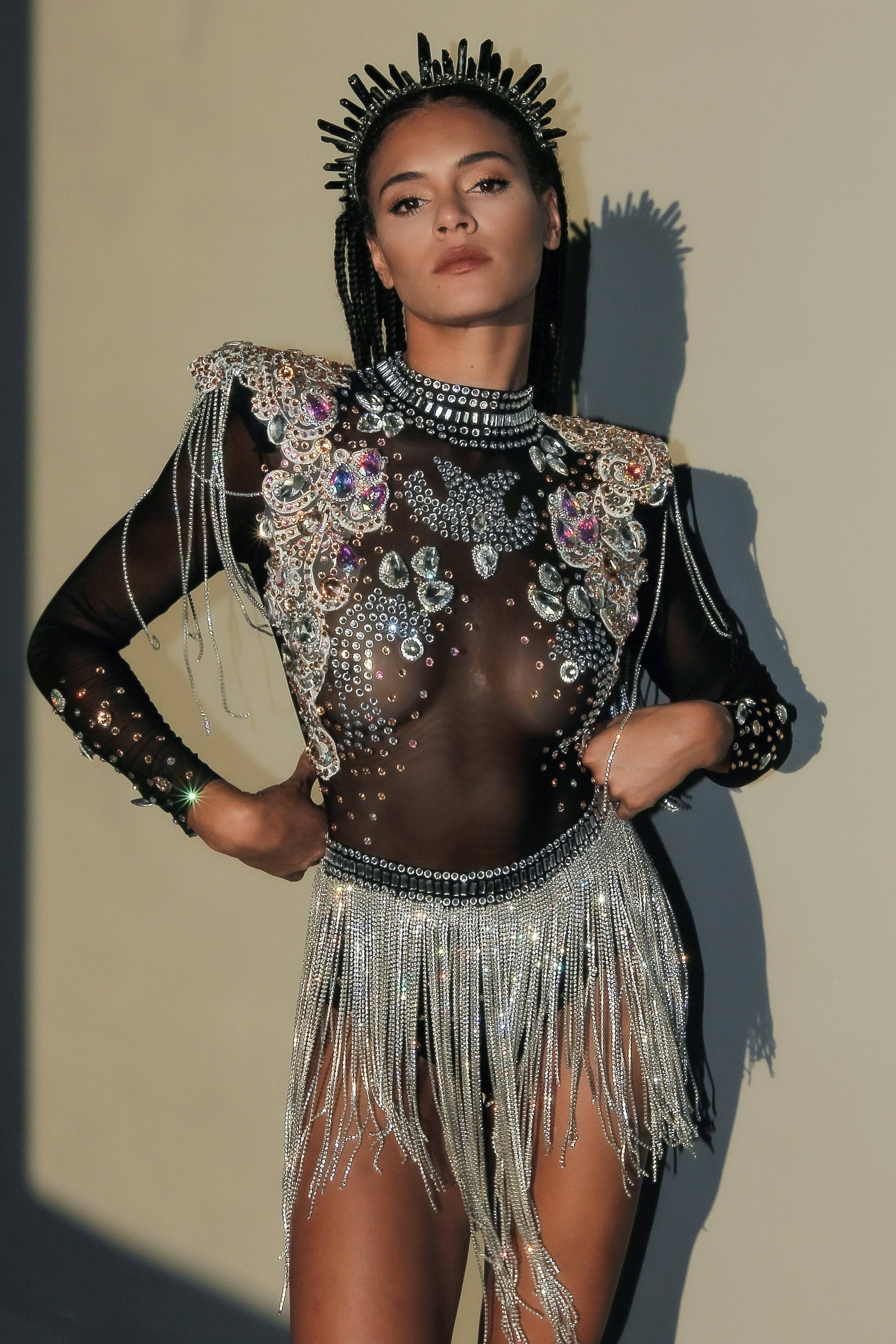 Kaia diamond rhinestone bodysuit mesh black - Image 6