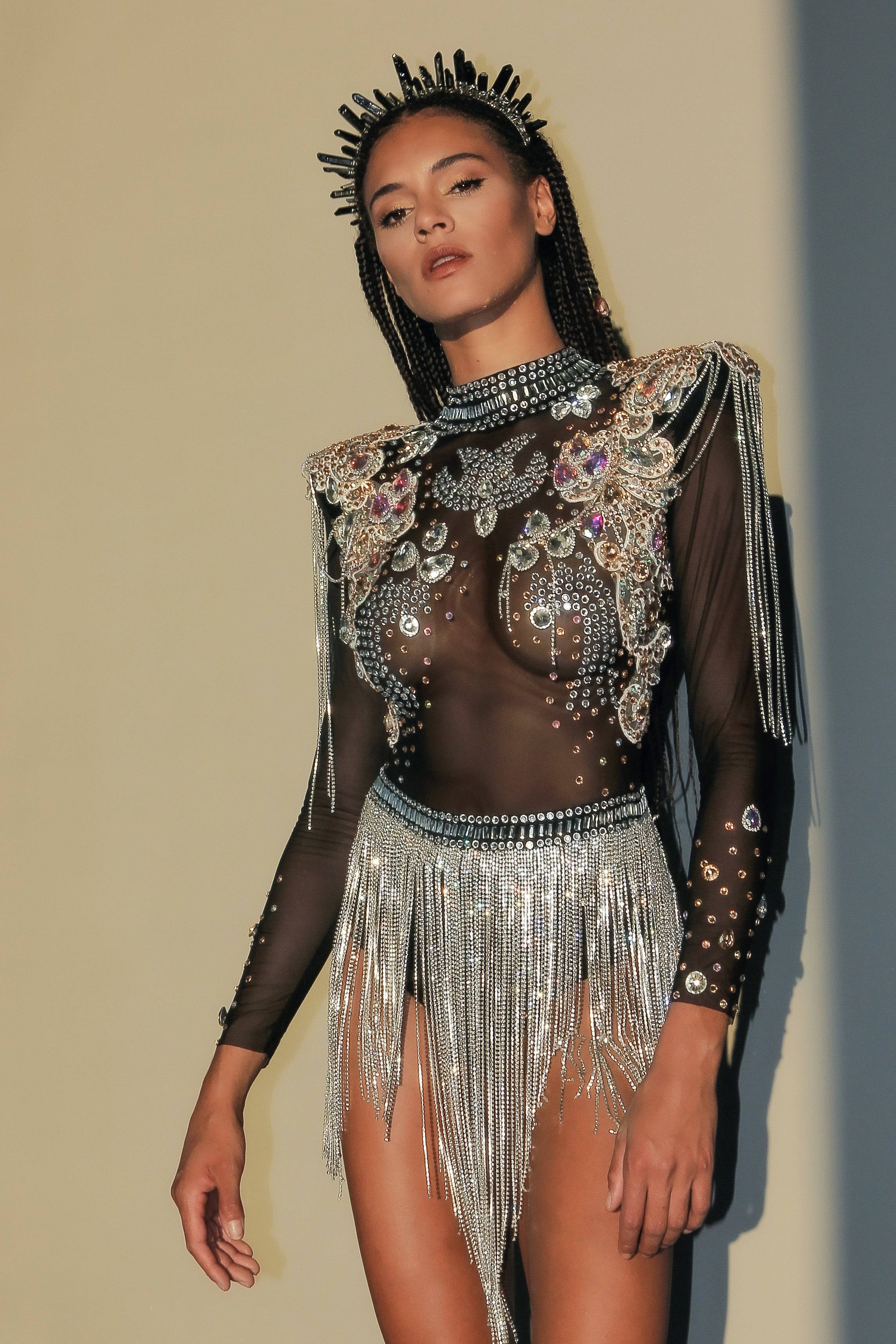 Kaia diamond rhinestone bodysuit mesh black - Image 7