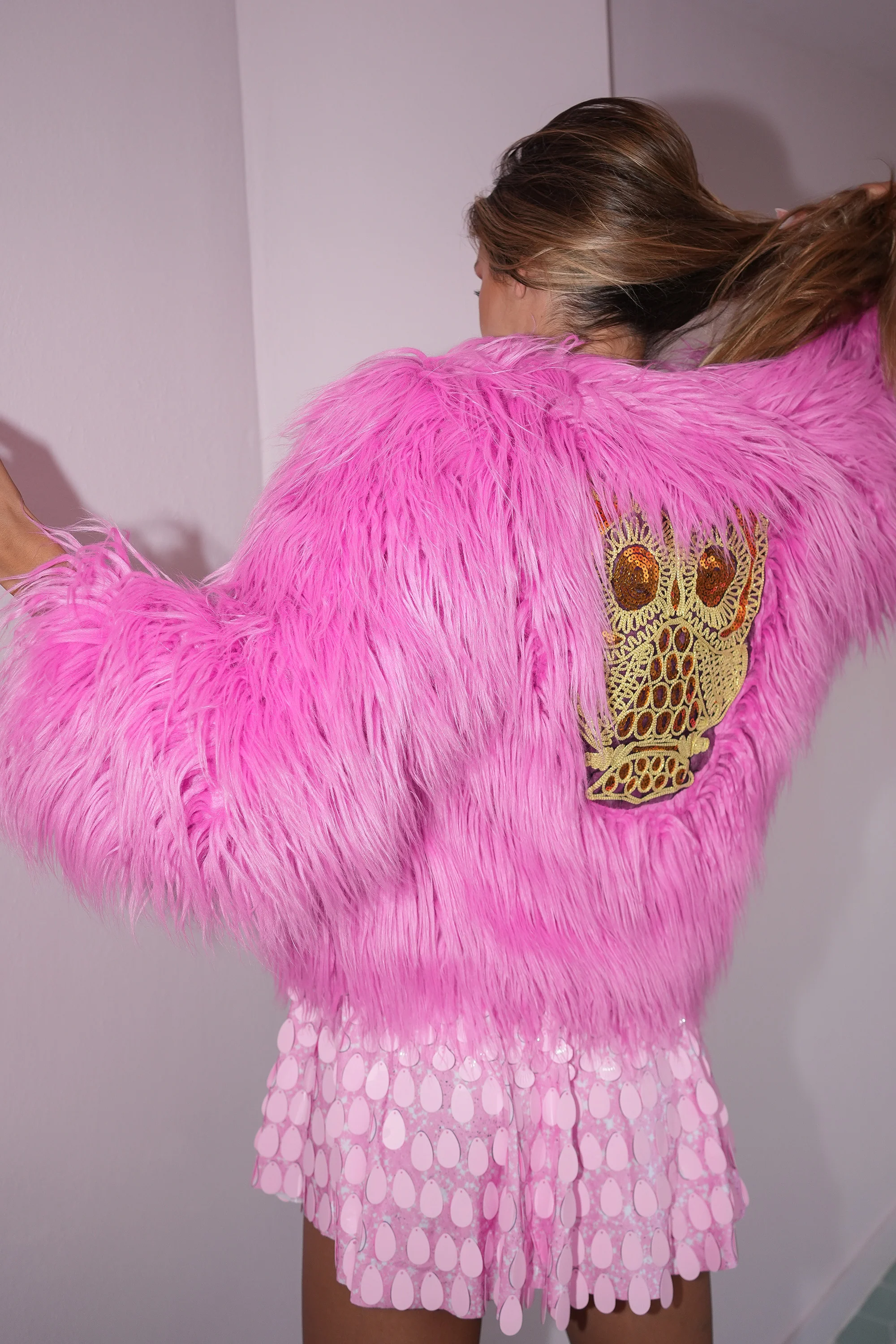 Simona faux fur jacket short pink